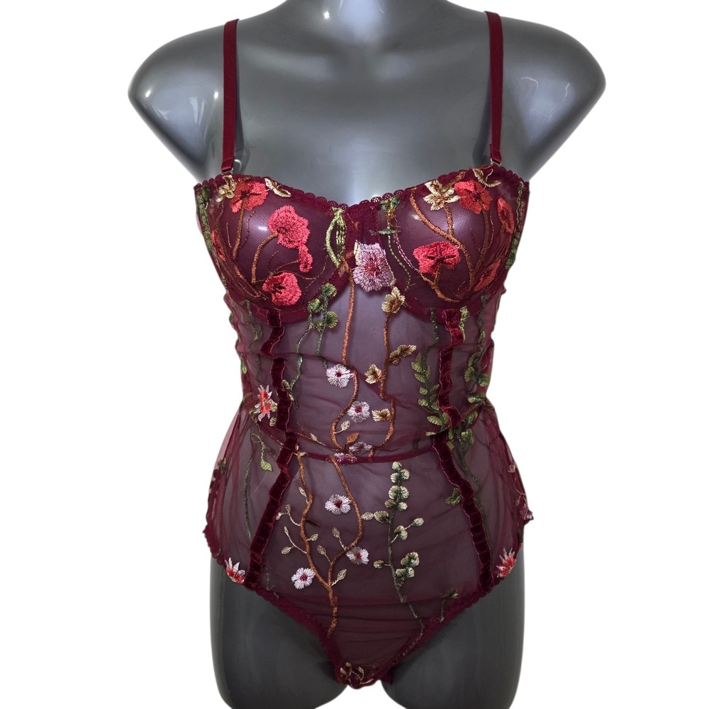 Burgundy Floral Sheer Mesh Velvet Bodysuit Corset Top Womens L Romantic Fairy